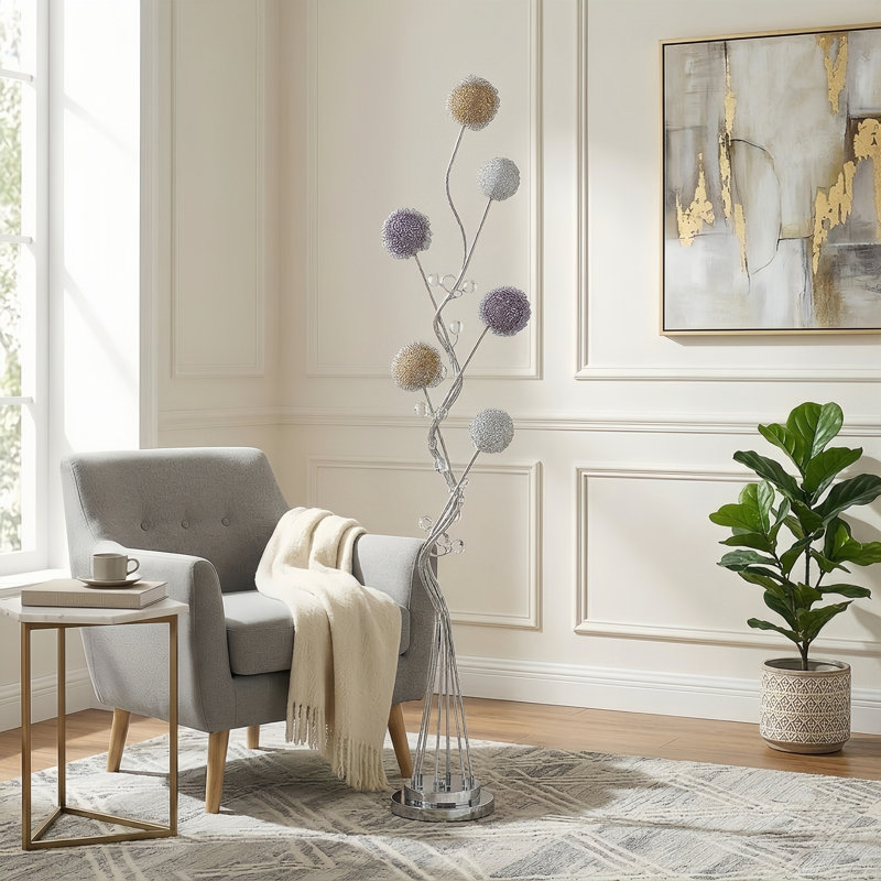 6-Light Aluminum LED Floor Lamp With Amber, Purple & Silver Shades, Chrome Base, Foot Switch, 57.5"