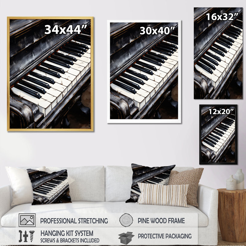 «Black and White Piano Keys To Serenity IV», reproduction sur toile, Cadre flottant noir, H 40 po x l 30 po x P 1,5 po