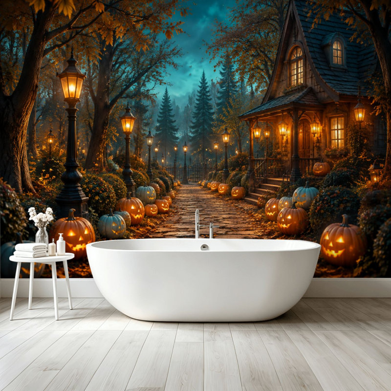 Murale de papier peint pelez et collez, chemin de citrouille d'Halloween, lanternes éclairées, maison hantée, art mural auto-adhésif et amovible