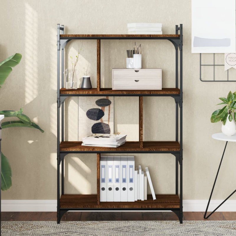 Westmalle 76cm W Steel Etagere Bookcase, Brown Oak, 123cm H x 76cm W x 32cm D