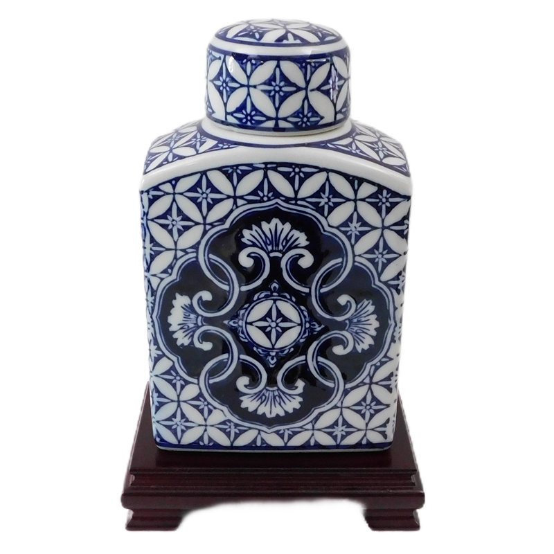 9" Blue and White Oriental Rectangular Tea Jar