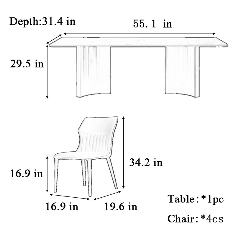 Table et chaise de salle à manger noir clair de luxe clair, H 29,5 po x L 55,1 po x l 31,4 po