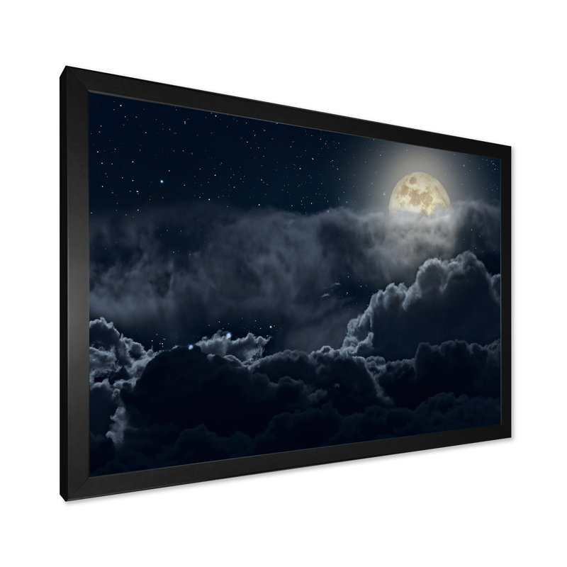 Nuageux nuit de pleine lune - photographie sur toile, H 12 po x l 20 po x p 1 po, Cadre photo noir