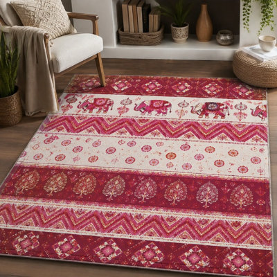 Tapis décoratif tribal bohémien de 1 pièce - esthétique vieillie rétro, motifs géométriques, motifs d'éléphants indiens, doux au toucher, tapis durable et facile à nettoyer, convenant au salon, à la chambre à coucher, à la salle à manger, au vestibule et à la maison