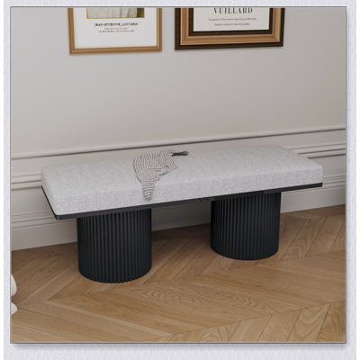 Contemporary Light Grey Boucle Upholstered Bench with Sturdy Black Legs for Bedroom and Living Room Decor