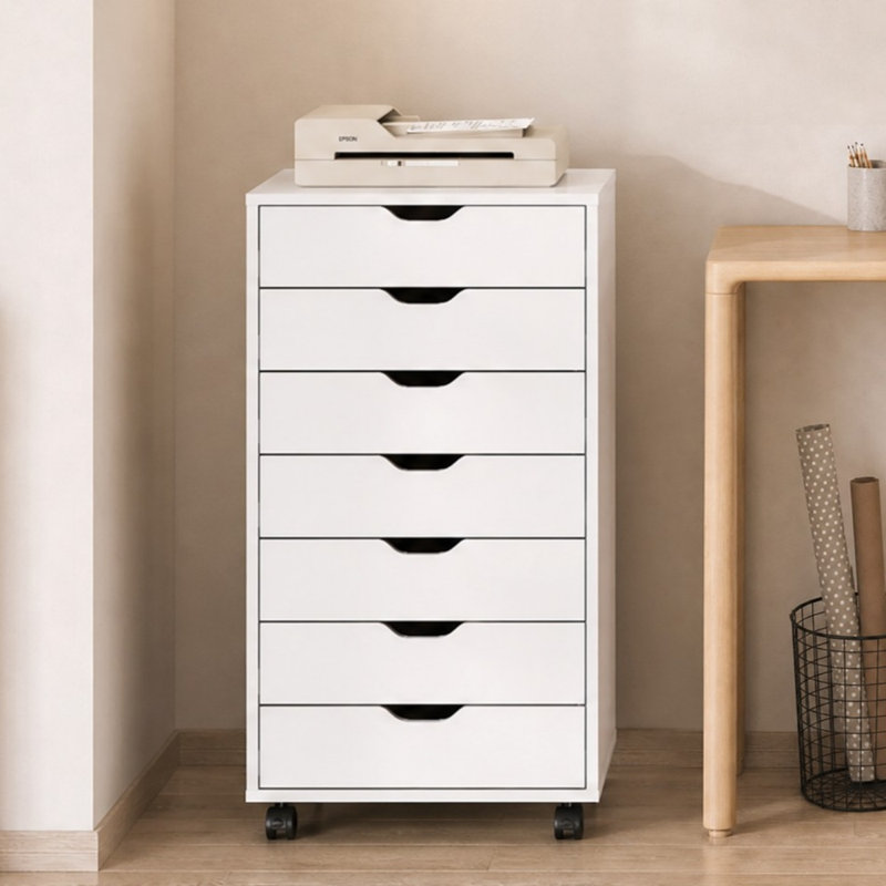 Cambrie 18.9" Wide Vertical File Cabinet with Lockable Wheels, Wood Printer Cabinet for Home Office, 7-Drawer  White Filing Cabinet