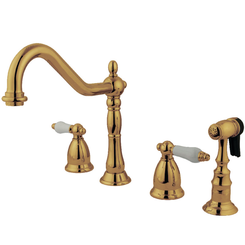 Kingston Brass Heritage Double-Handle 4-Hole Widespread Kitchen Faucet with Brass Sprayer, Polished Brass/White