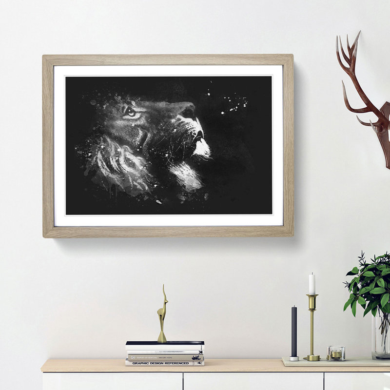 Majestic Lion Illustration - Picture Frame Graphic Art Print, Oak Framed, 62cm H x 87cm W x 2cm D