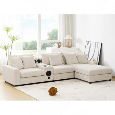 114" X 64" Corduroy Sectional Sofa With Bluetooth Speakers