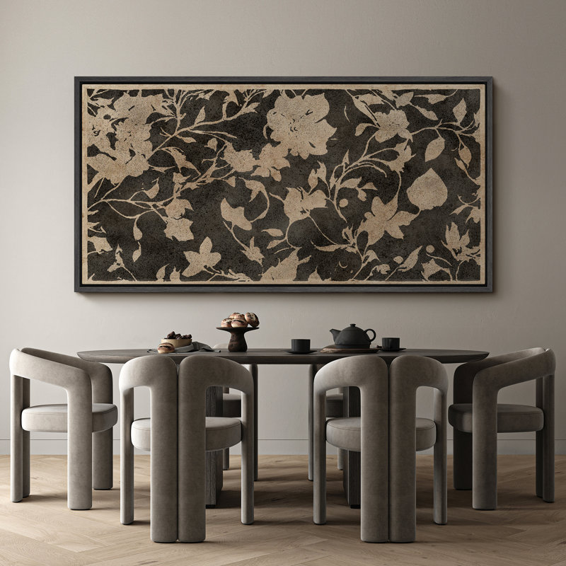Abstract Botanical Vintage Floral Pattern in Landscape Retro Decor Extra Large Artwork Wall Art, 30" H x 60" W, Black