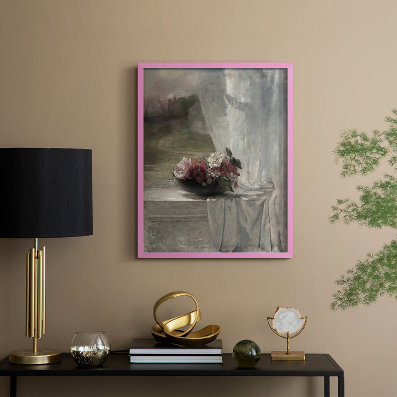 Impression florale rétro avec encadrement en bois massif, Rose, H 11 po x l 9 po