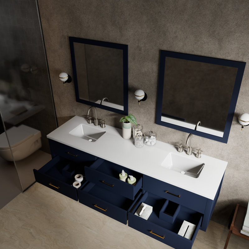 80" Wall-Mounted Double Bathroom Vanity Set, White Quartz, Blue