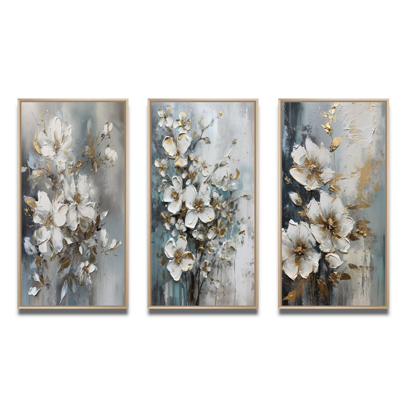 " White Gold Apple Tree Symphony " 3 Piece Art Set, Natural Floater Framed, 40" H x 60" W