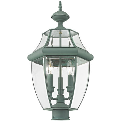 3-Light White Outdoor Post Lantern Pendant: Clear Glass Shade