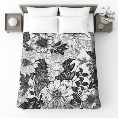 Couvre-lit matelassé noir et blanc à motif floral toutes tailles