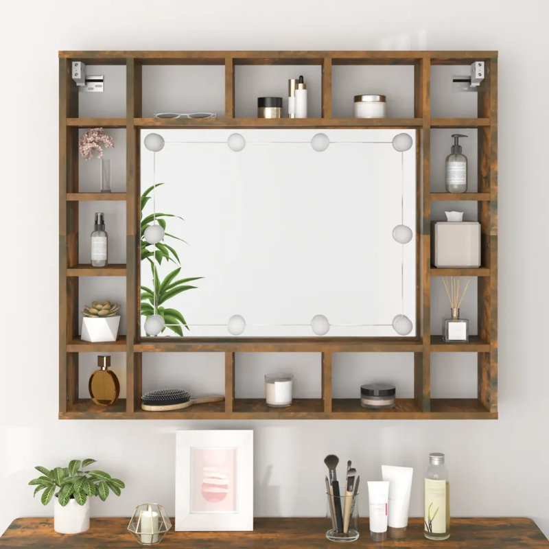 Ivenita Wood Flat Wall Mirror with Shelves, Smoked Oak