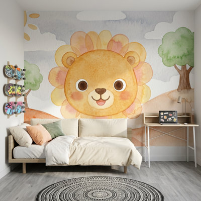 Watercolor Wallpaper Cute Lion Removable Nursery Wall Decor