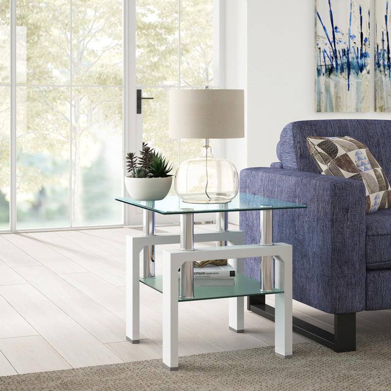 Perla Glass Top End Table, White