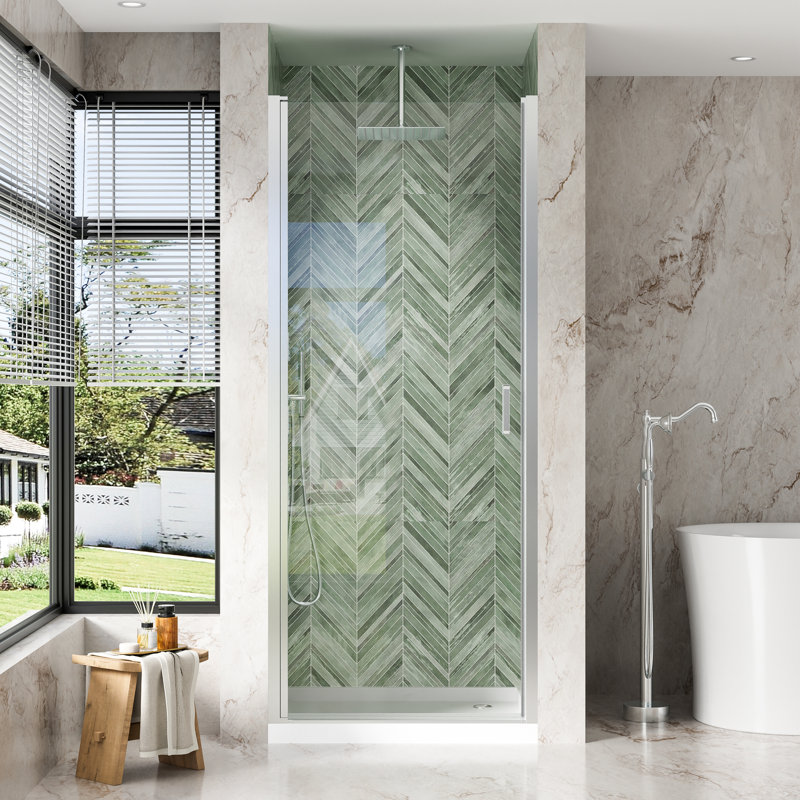 34"x 72" H Semi-Frameless Pivot Shower Door with  1/4 inch(6mm) Clear Tempered Glass And Handle,Chrome, Chrome