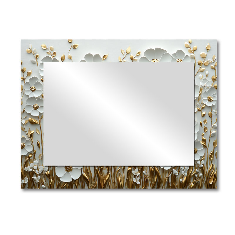 Fleurs sauvages dans des fleurs de printemps crémeuses dorées II - Art mural miroir floral - imprimé sur métal, 30 po x 40 po