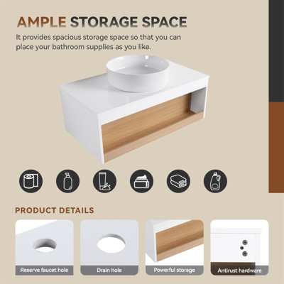 Meuble-lavabo flottant 36 po avec lavabo vasque rond blanc brillant, meuble-lavabo mural avec tablette de rangement ouverte et comptoir durable, conception moderne peu encombrante
