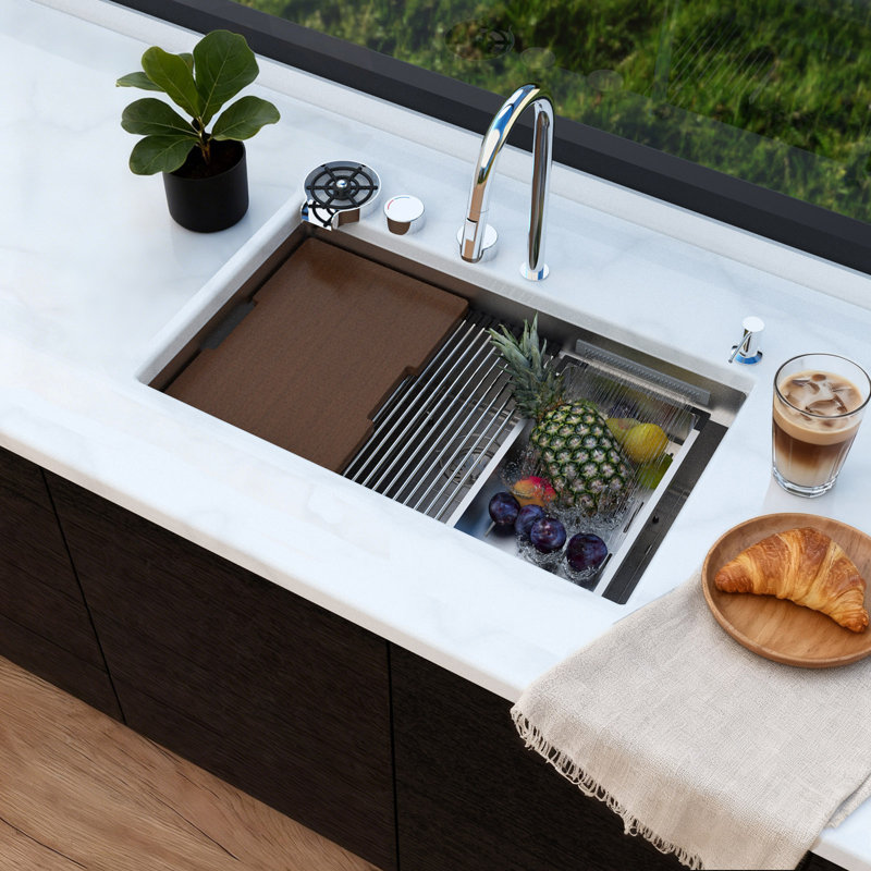 Évier de cuisine encastré circulaire 33 po x 22 po, évier de cuisine cascade avec robinet, évier simple en acier inoxydable avec station de travail moderne, 33 po x 22 po x 10 po, bronze industriel