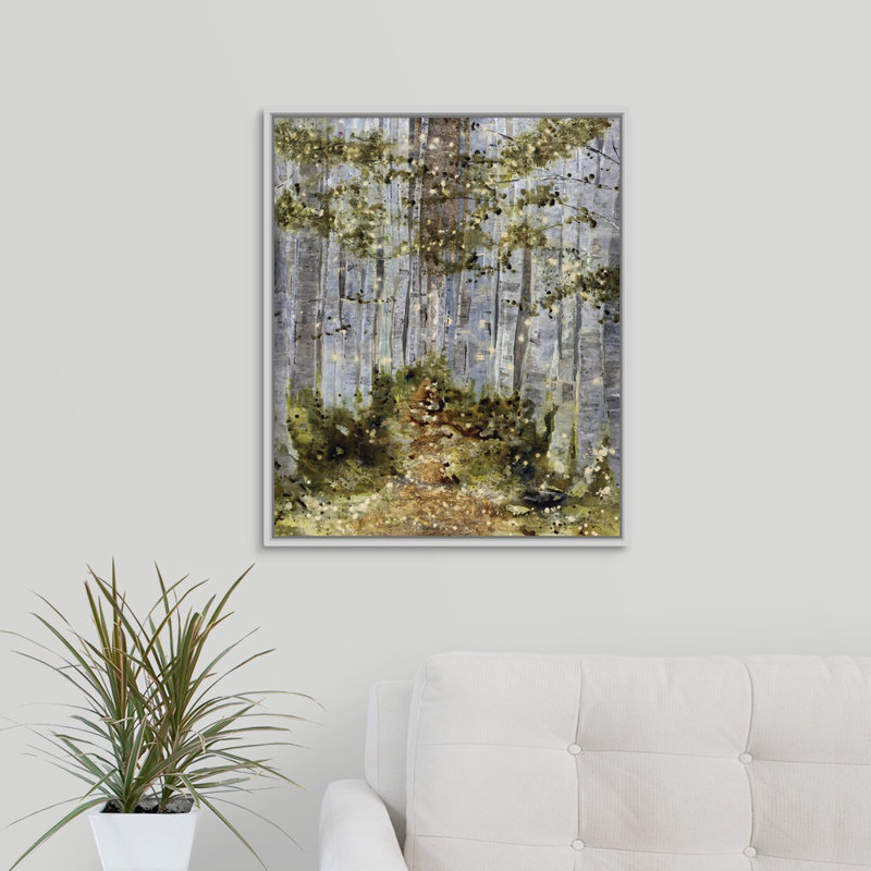 « mossy path », peinture sur toile, H 25,7 po x l 21,7 po x p 1,75 po, Cadre flottant blanc