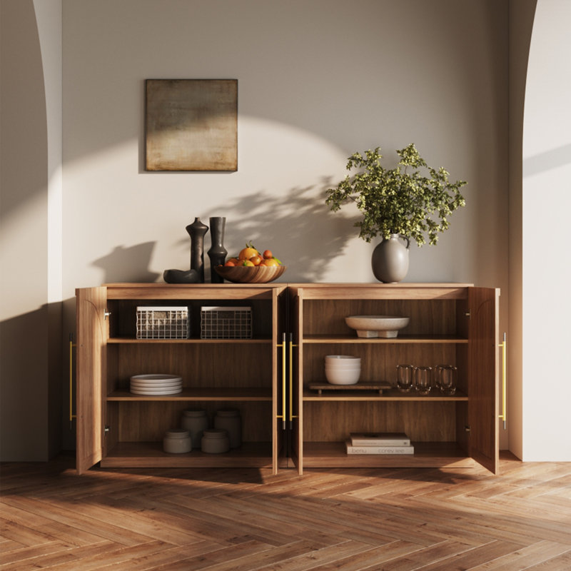 Ensemble de 2 buffets arqués de 65 po avec porte vitrée et tablettes réglables, brun clair, Chameau