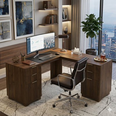 59.8" L-Shape Executive Desk With Built-In Outlets And 6 Storage Drawers