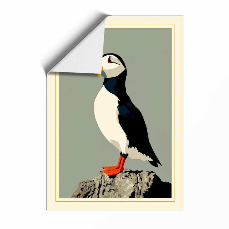 Puffin on Stone Japandi - Framed Print, A2 - 59.4 x 42.0 cm, Unframed