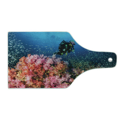 Ambesonne Diver Tempered Glass Cutting Board Sea Creatures and Coral Reef Multicolor