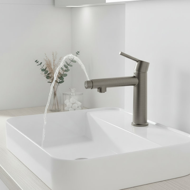 Modern 2-In-1 Fountain Flow Bathroom Faucet - Gun Gray Zinc Deck Mount For Rv & Apartment, Gun Gray
