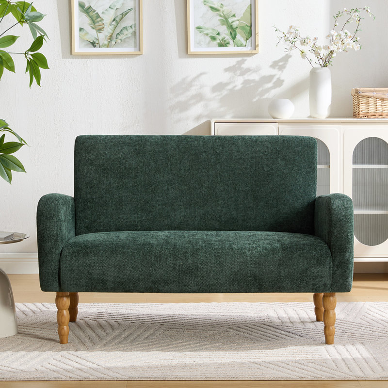 Small 2 Seater Sofa With Solid Rubberwood, Mid Century Modern Fabric Loveseat Sofa for Living Room Bedroom Office, Green