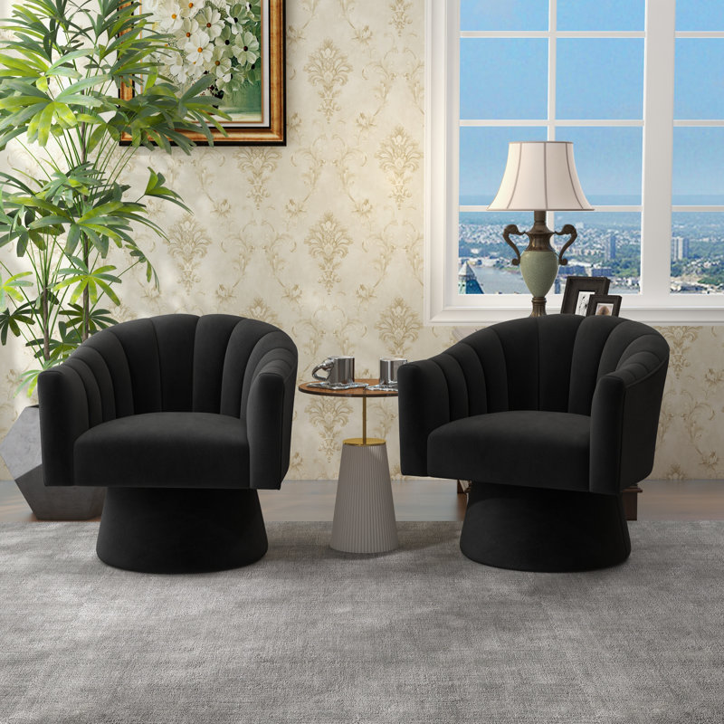 Fauteuil demi-tonneau pivotant de 25,2 po Iryanna, Velours noir, 2