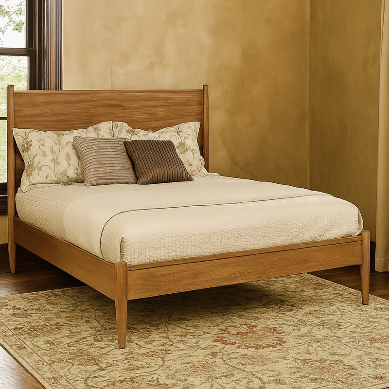 Lit plateforme pleine grandeur de style Mid-Century avec finition en chêne, pieds fuselés ronds et support dorsal confortable pour une chambre à coucher de construction moderne, sans sommier tapissier, conception pratique