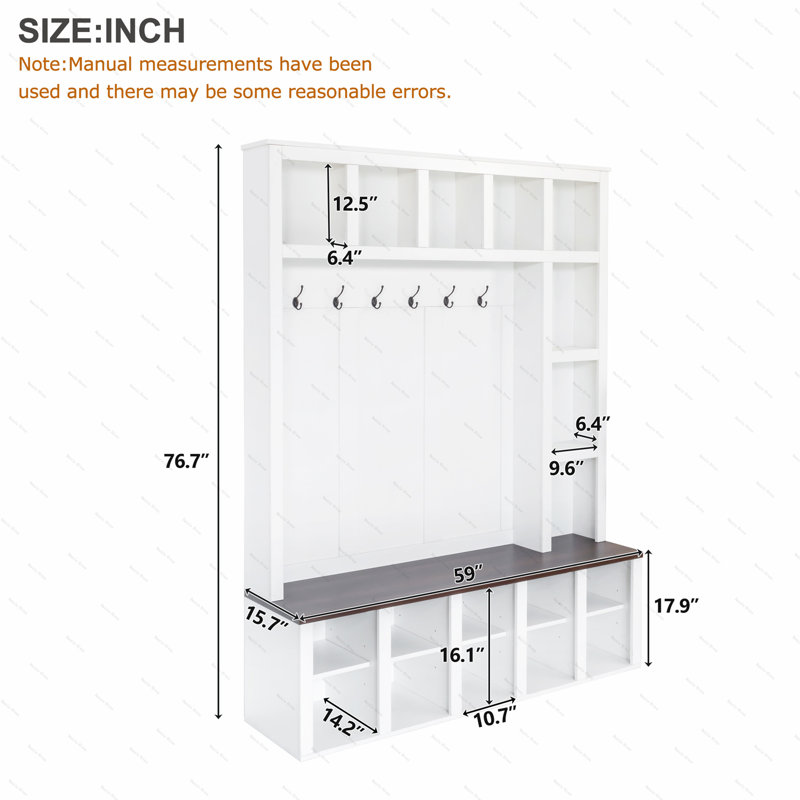 ON-TREND Farmhouse Wooden Style Hall Tree with 6 Hooks, Practical Walnut Storage Bench with Adjustable Shelves,  4-in-1 Entryway Shoe Cabinet with 13 Cubbies for Mudroom, Living Room, White, 76.7"H
