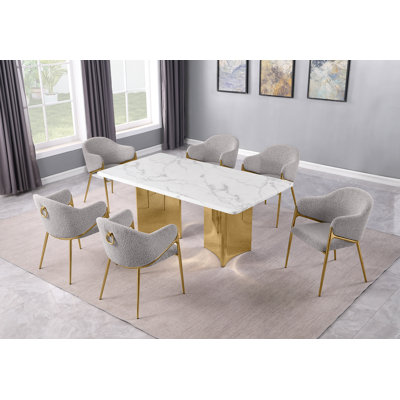 Ensemble de salle à manger en marbre blanc Grand avec chaises d'appoint en tissu Boucle