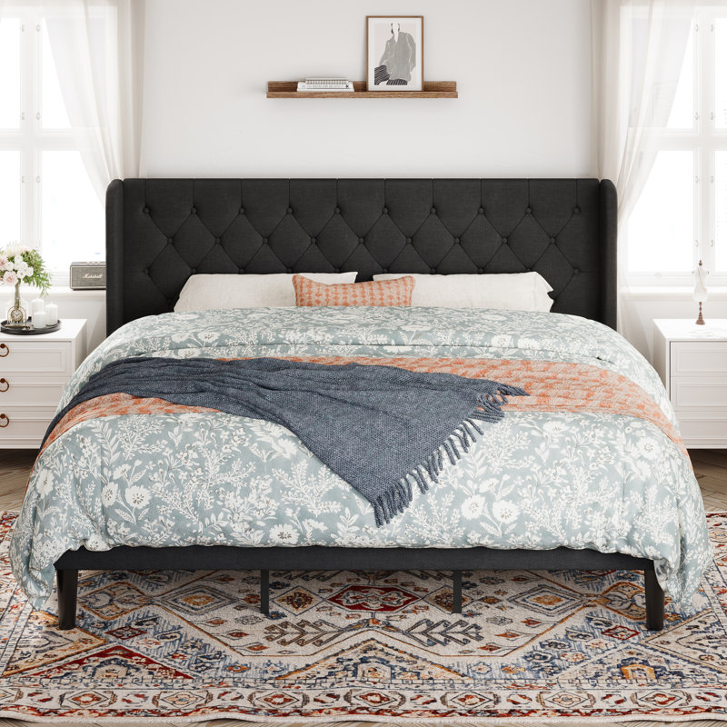 Walace Upholstered Wingback Bed, King, Black