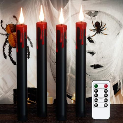 Bougies sans flamme d'Halloween noir à pile avec minuterie à distance, 4 pièces de bougies à DEL sans flamme avec flamme scintillante 3D pour décor de foyer de fenêtre (0,78 x 8,9 pouces)
