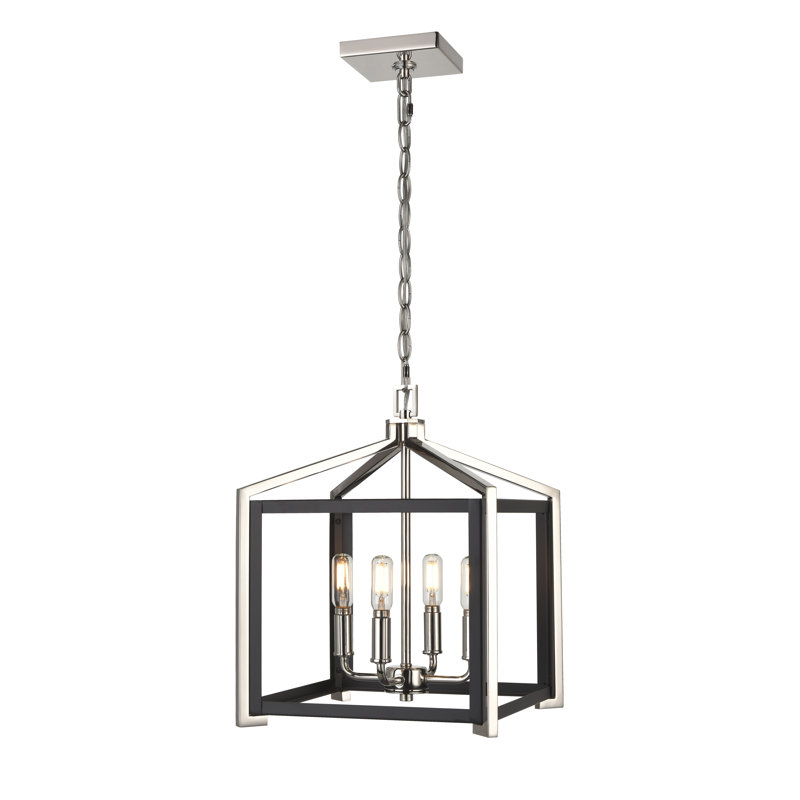 Luminaire suspendu à chaîne 4 lumières 12 po Ajanique, H 15,75 po x l 12 po x P 12 po, Noir/nickel poli