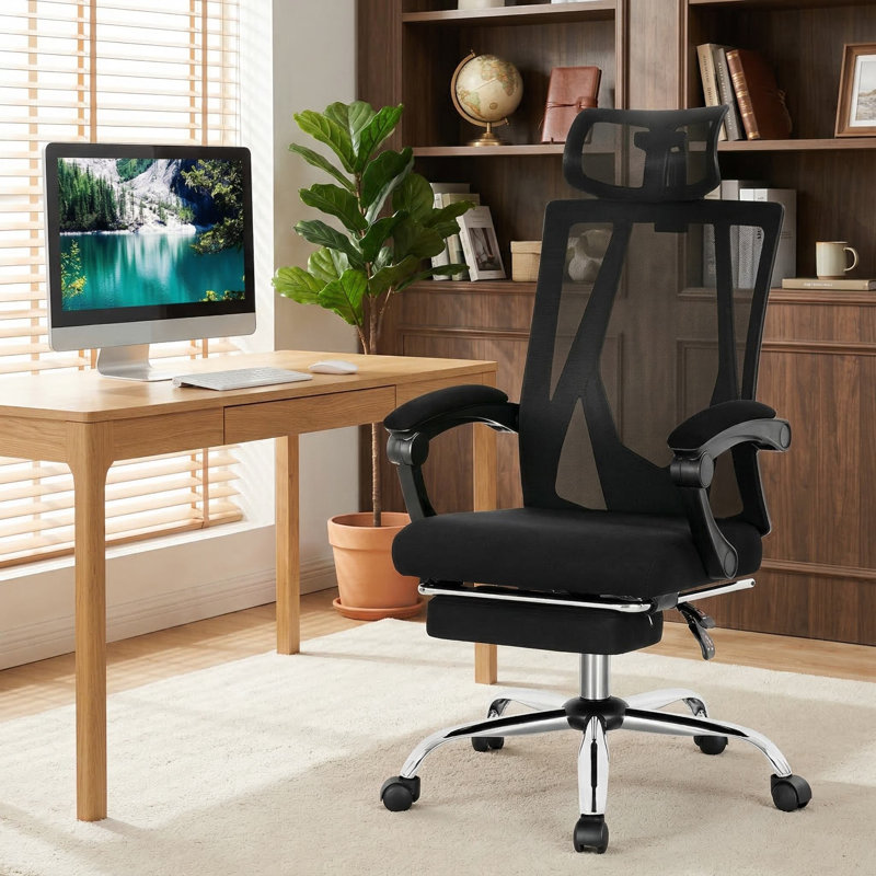 Fauteuil de bureau inclinable et ergonomique en filet respirant avec repose-pieds rétractable réglable pour poste de travail