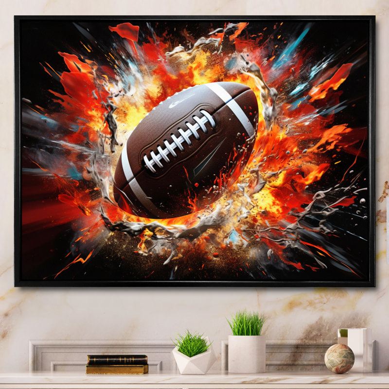 Red Football Explosive Ballon - Sports Canvas Art Print, H 34 po x l 44 po, Encadrement doré