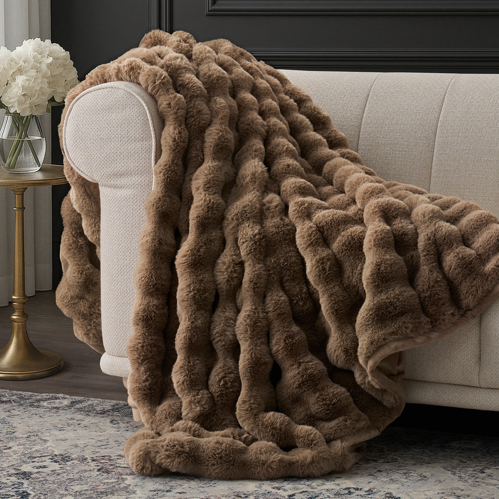 Ridgeline Faux Fur Throw Blanket, 60" L x 50" W, Natural Tan