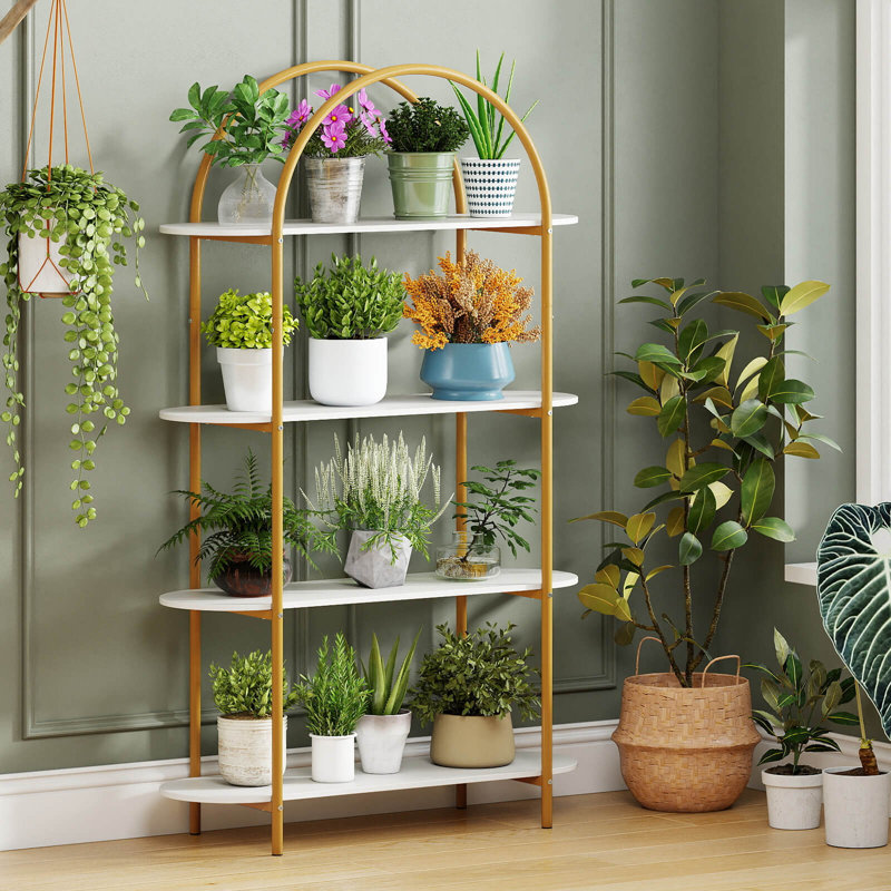 1 PCS Arched Bookshelf, 4-Tier Open Bookcase with Sturdy Metal Frame for Living Room Gold and White, 1, Gold/White