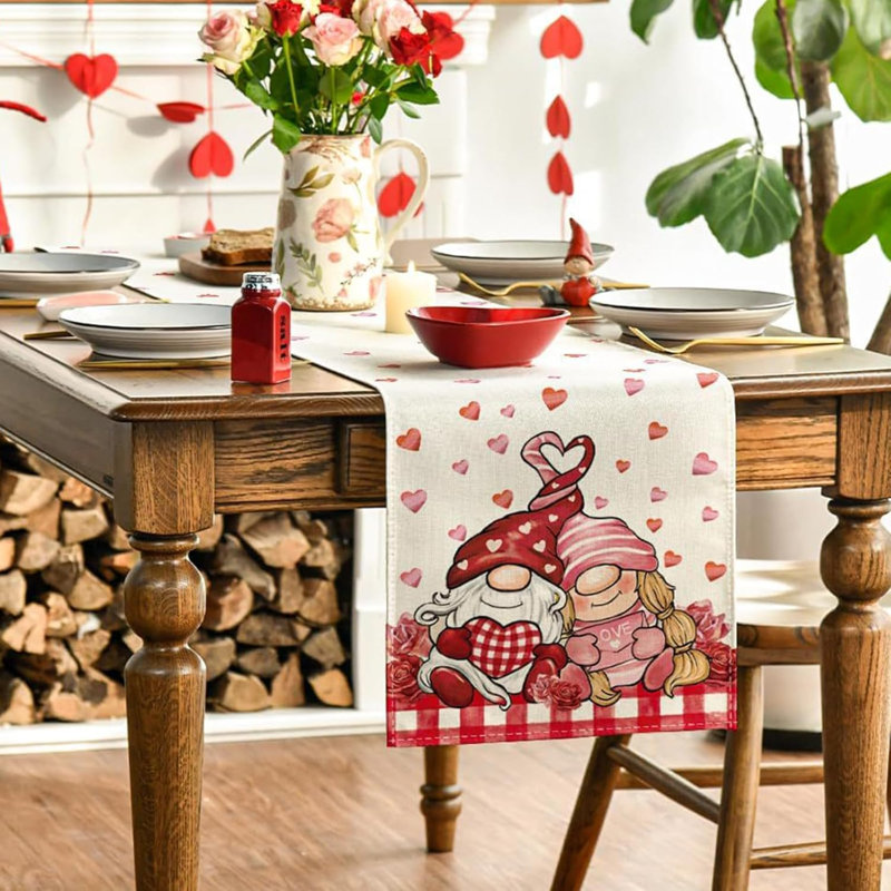 Valentine's Day Gnome Table Runner 13 X 72 Inch, Plaid Stripes Farmhouse Dining Table Decor, Seasonal Anniversary Kitchen Dining Table Decoration For Indoor Home Party