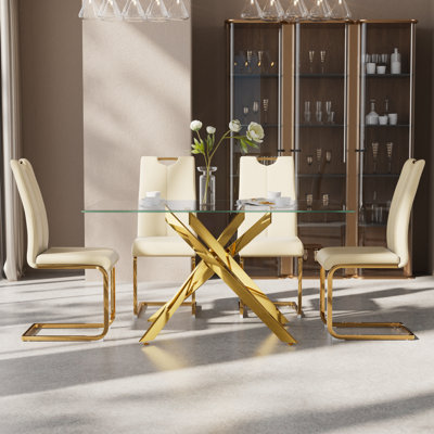 51inch Glass Dining Table Set, Modern Kitchen Table Set with High-Back PU Leather Upholstered Chair for Kitchen Dining Room