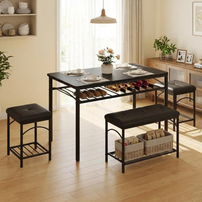 4-Person Dining Table Set with Upholstered Bench and 2 Stools, Compact Kitchen and Dining Chairs Set for Apartment, Studio, or Small Space