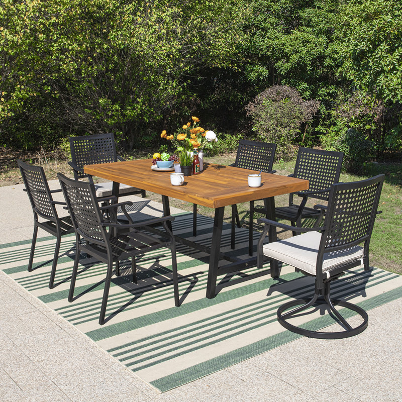 Ensemble repas d'extérieur 7 pièces avec chaises pivotantes et empilables en acier, 6 coussins, 1 table en bois d'acacia massif pour l'extérieur, cour, porche