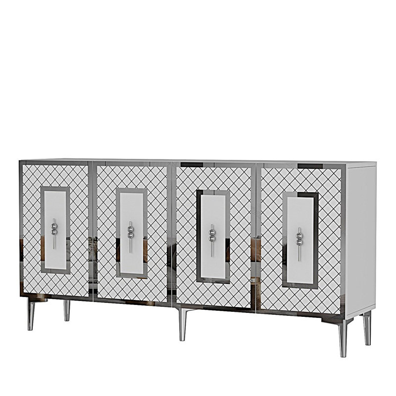 Modern Console Table with Wall Mount Option, White & Silver, 59.1 x 29.5 x 12.6 inches | 100% Melamine Coated Particle Board, Thickness: 0.7 inches | Geometric Design, Numerous Shelves for Stylish Storage
