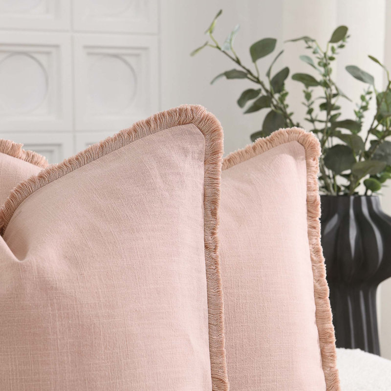 Housse de coussin en lin délavé texturé Boho Farmhouse, Rose, Carré 22 po
